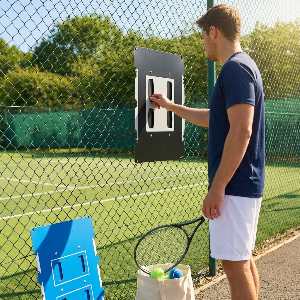 Portable tennis scoreboard with UV stabilised materials, available in 3 sizes and colours