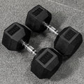 Hex dumbbells with rubber ends and chrome handles