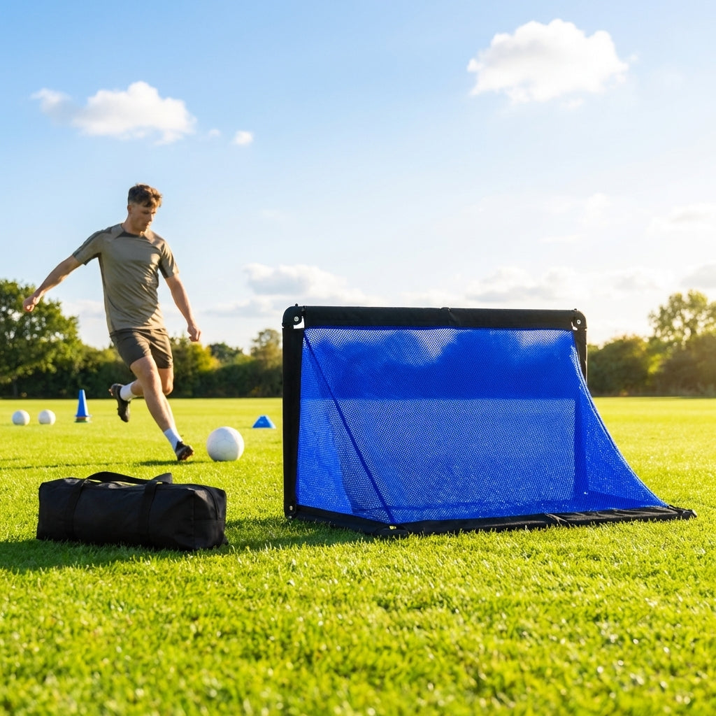 Folding football goal with aluminium frame and high-impact net