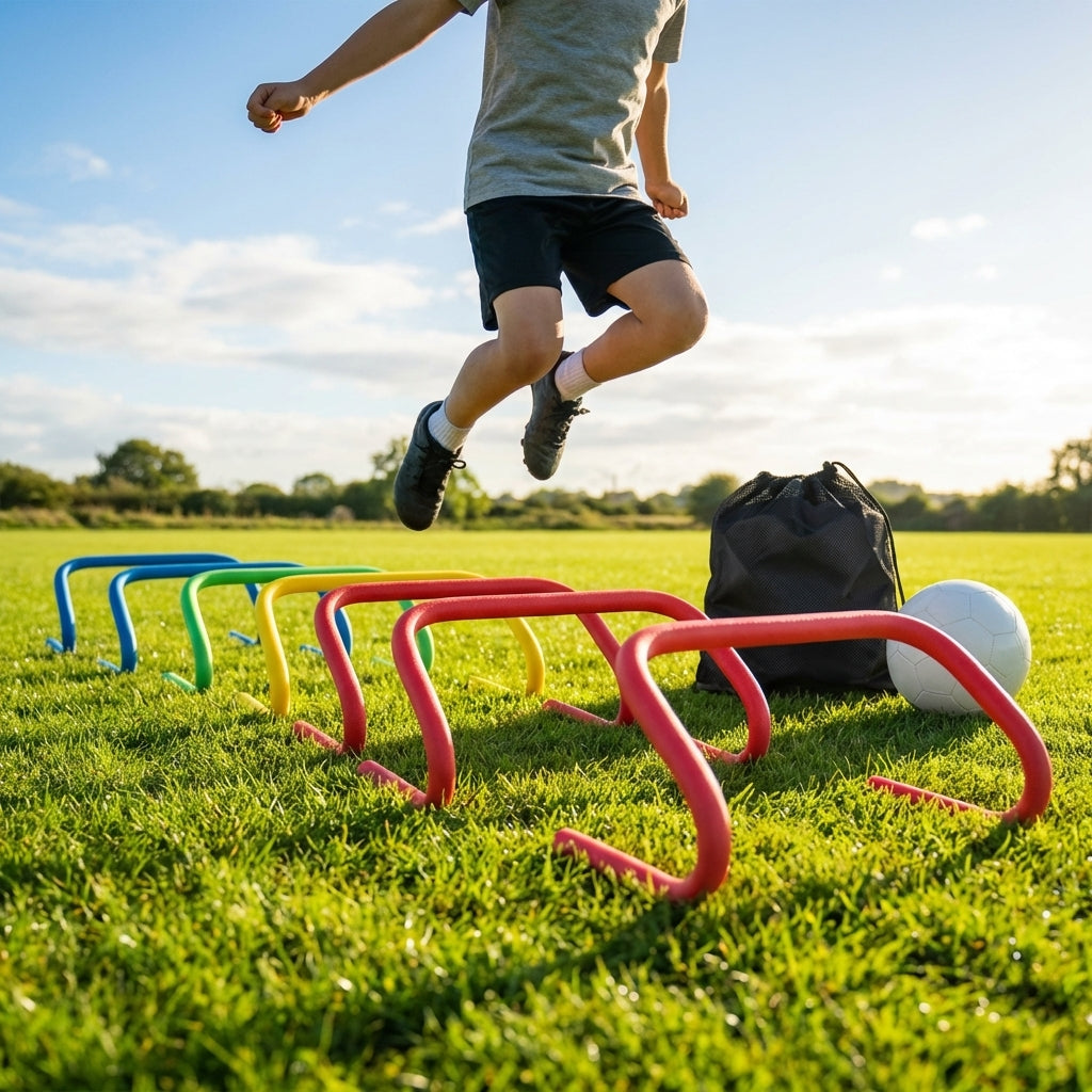 Adjustable foam hurdles in red, yellow, green, and blue for young athletes