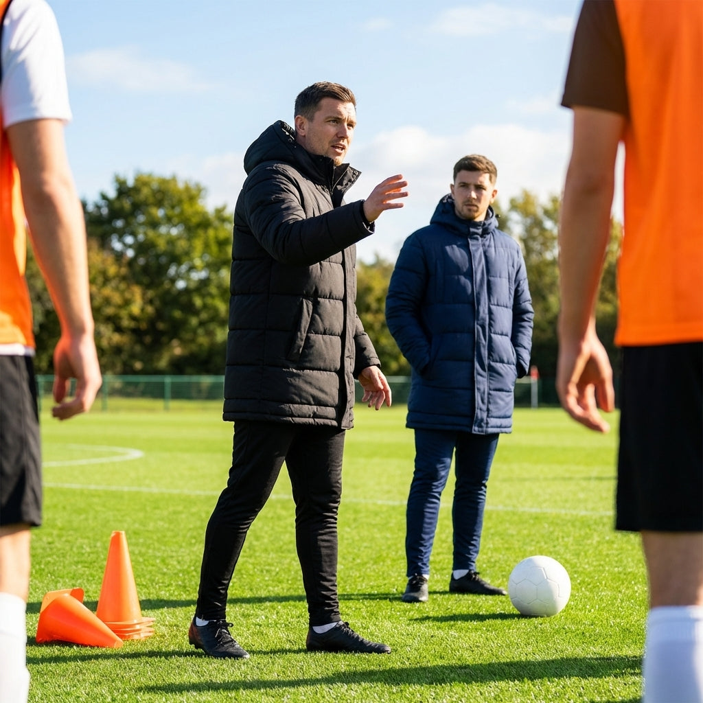 Longline padded coat in black and navy blue, water-repellent for training