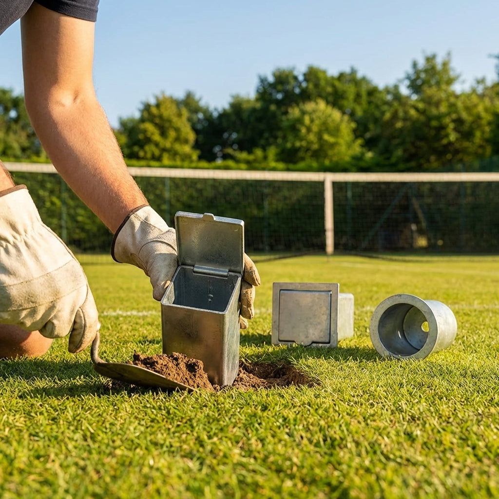 Steel tennis post ground sockets, available in round and square designs