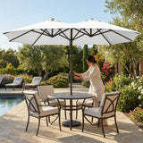 Double-sided garden parasol providing outdoor shade with steel frame