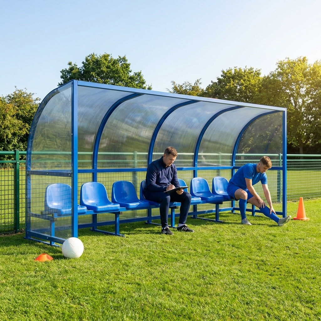 Heavy duty aluminium team shelter with moulded seats