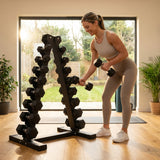 Dumbbell tree rack for home and gym, steel and rubber construction