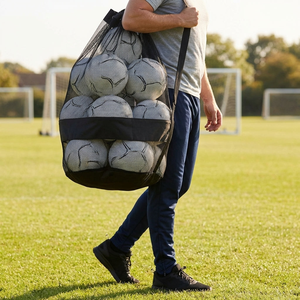 Football carry bag with 12 footballs, durable mesh