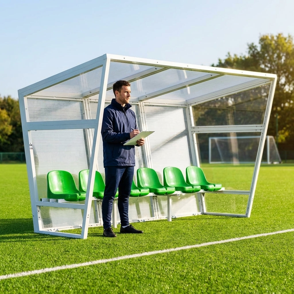Heavy duty aluminium team shelter with moulded seats