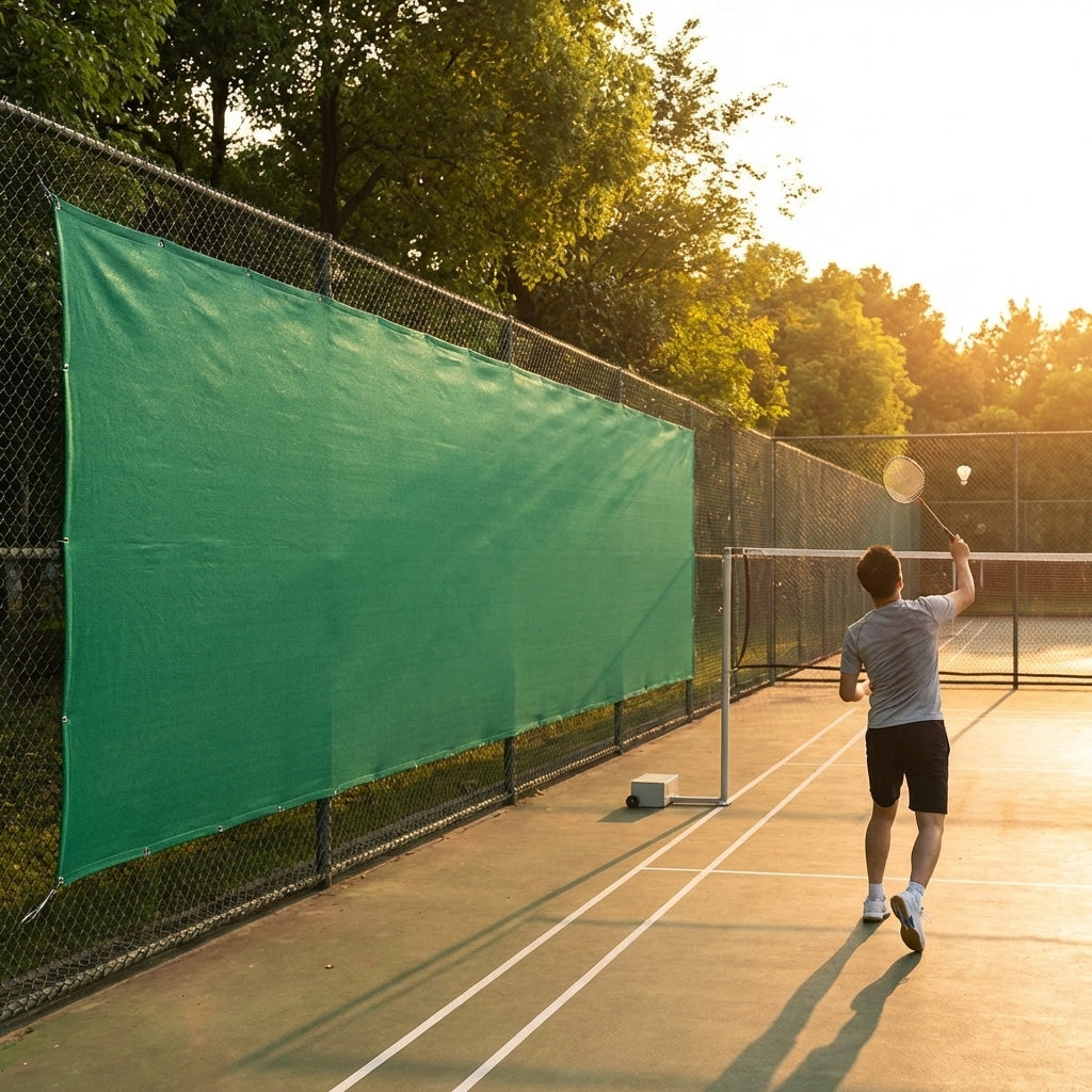 Green Tennis Court Windbreaks on an outdoor tennis court