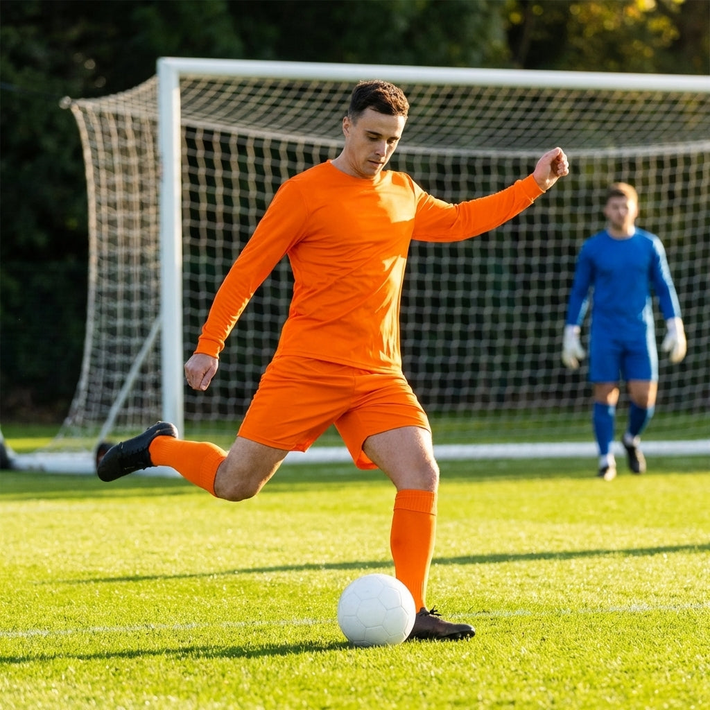 Men's football kit in various colours, including long-sleeve shirt, shorts, and socks