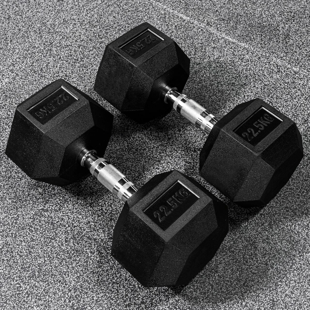 Hex dumbbells with rubber ends and chrome handles