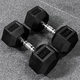 Hex dumbbells with rubber ends and chrome handles