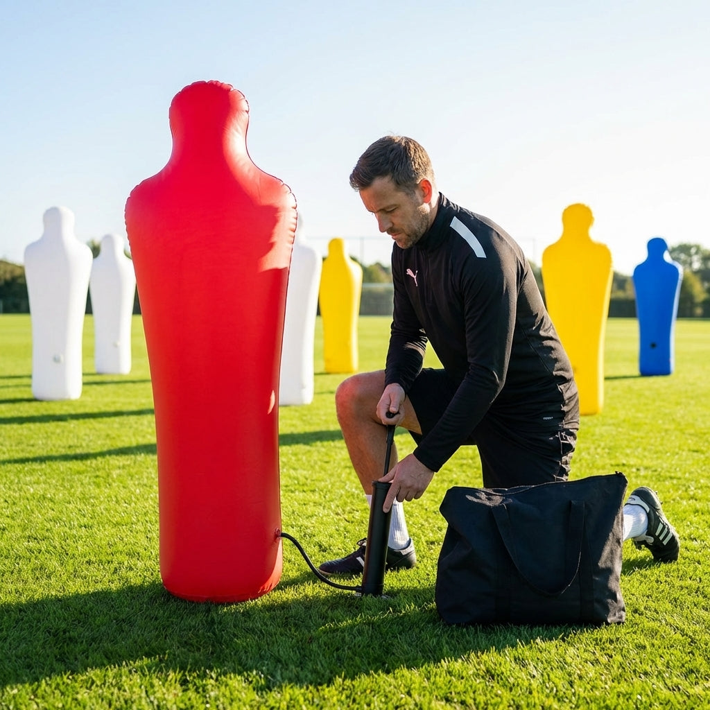 Inflatable football mannequins available in multiple sizes for training use