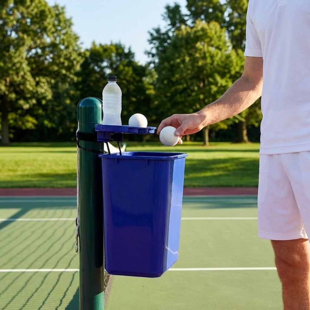 Tennis Court Bin & Shelf in Green, Black, or Blue made from PVC and Aluminium