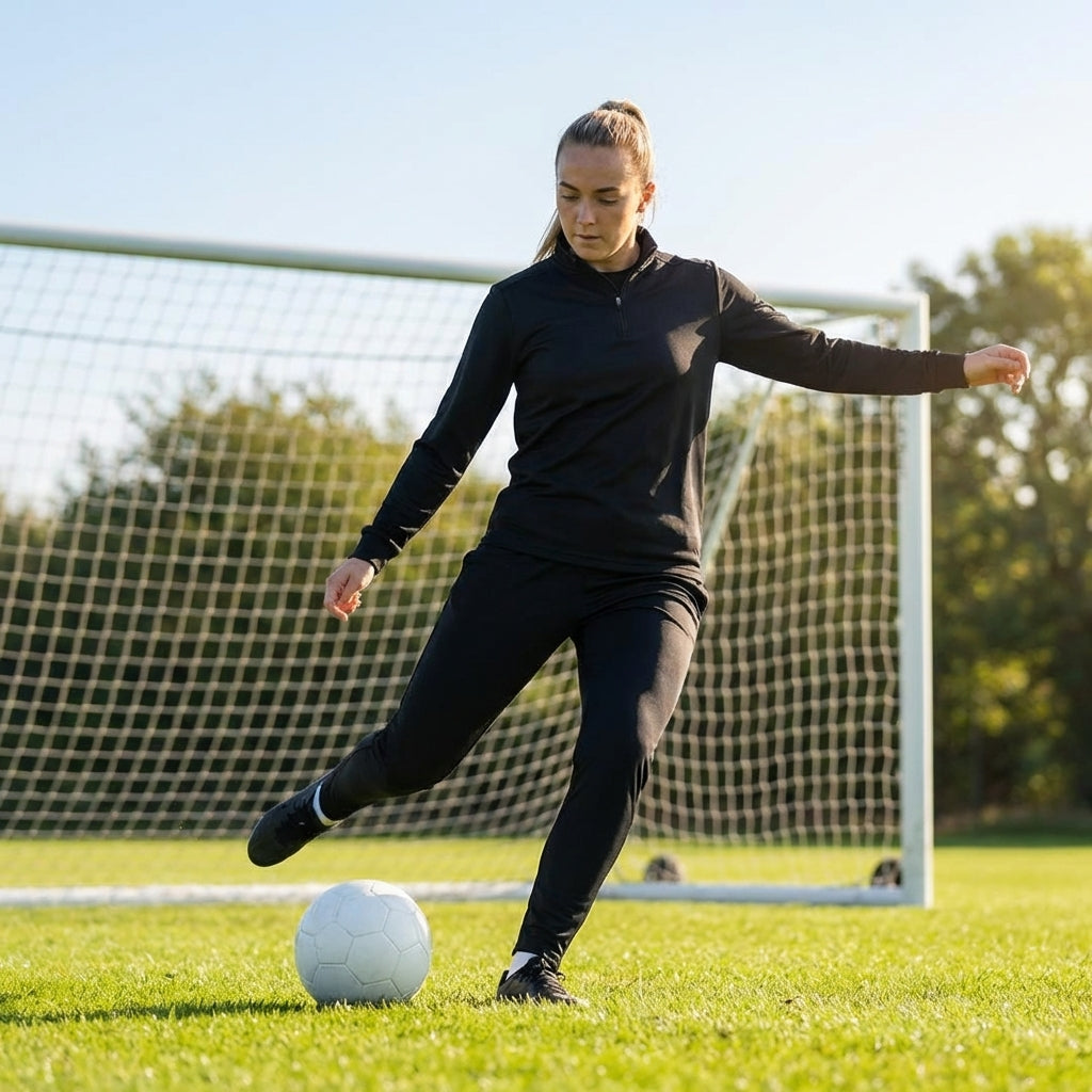 Black quarter-zip top made from lightweight polyester for indoor and outdoor use