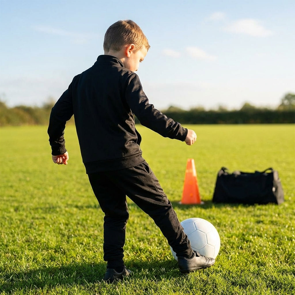 Kids' full zip tracksuit in polyester, shown in navy blue and black
