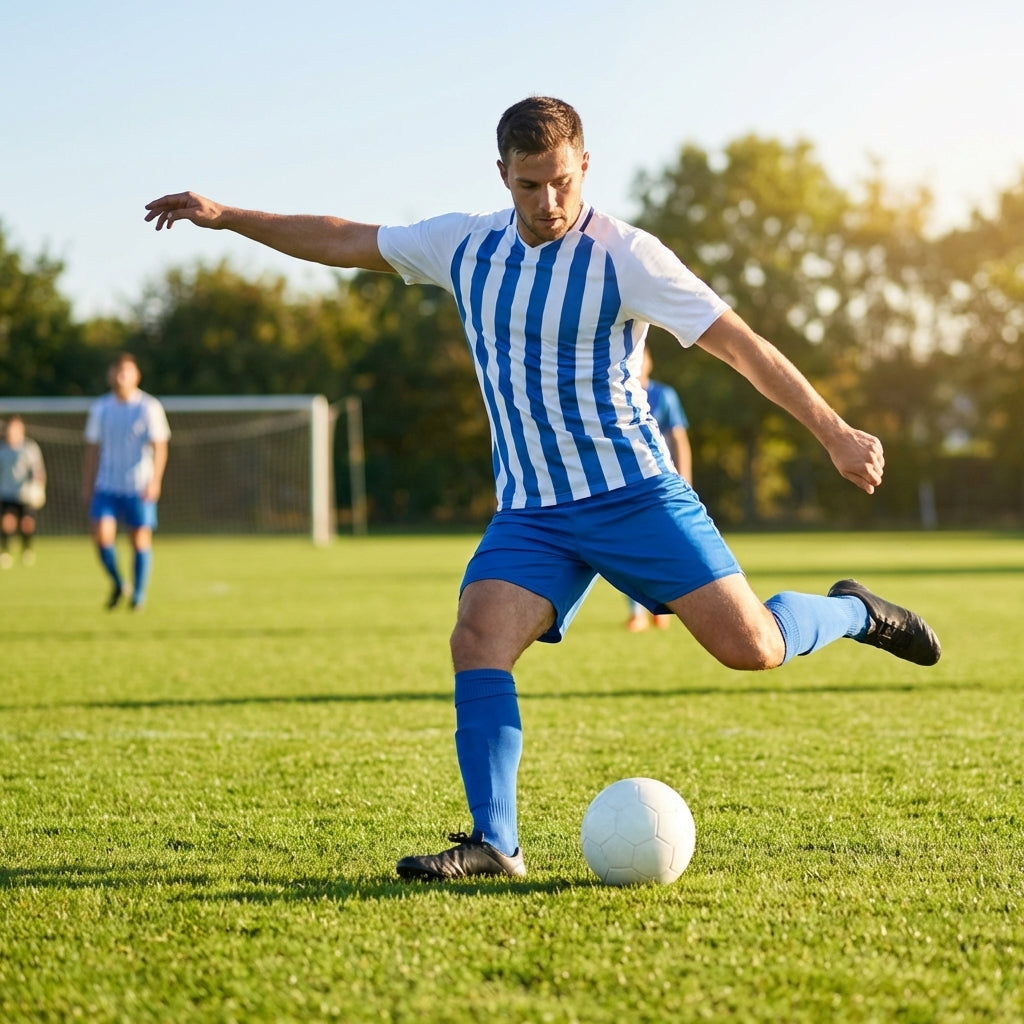 Men's striped football kit with shirt, shorts, and socks