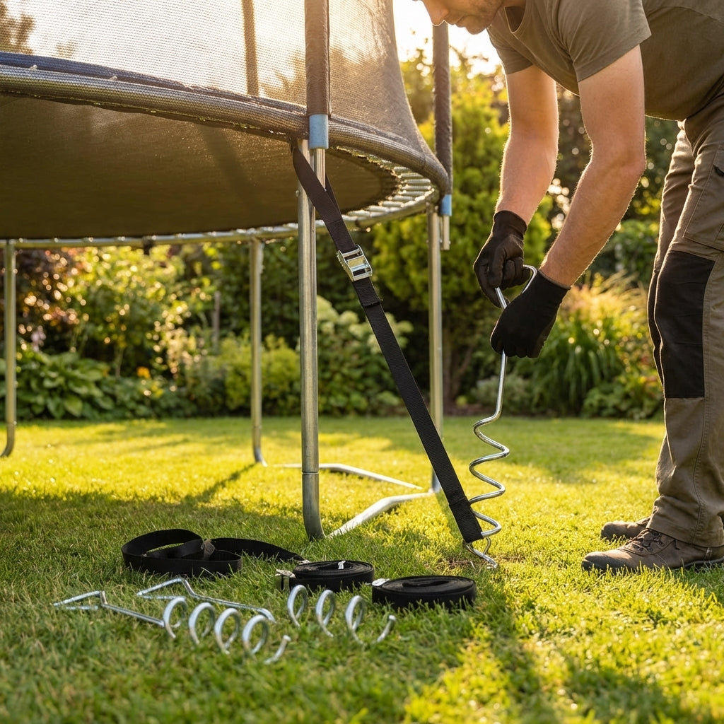 Trampoline anchor kits with steel anchors for outdoor use
