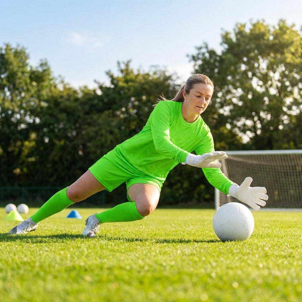 Women's Goalkeeper Kit including long sleeve shirt, shorts, and knee-high socks