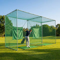 Socketed golf cage with green netting, ideal for garden and range use