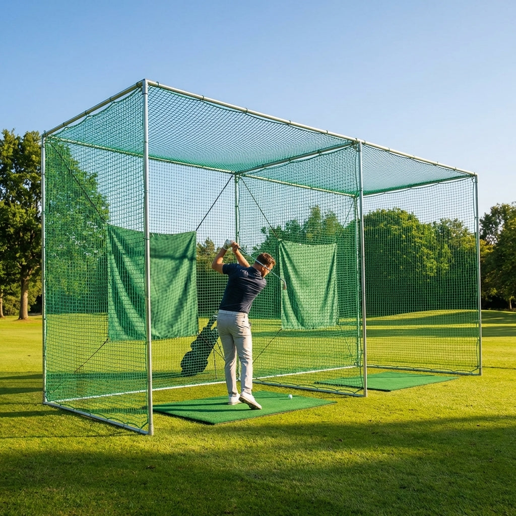 Socketed golf cage with green netting, ideal for garden and range use