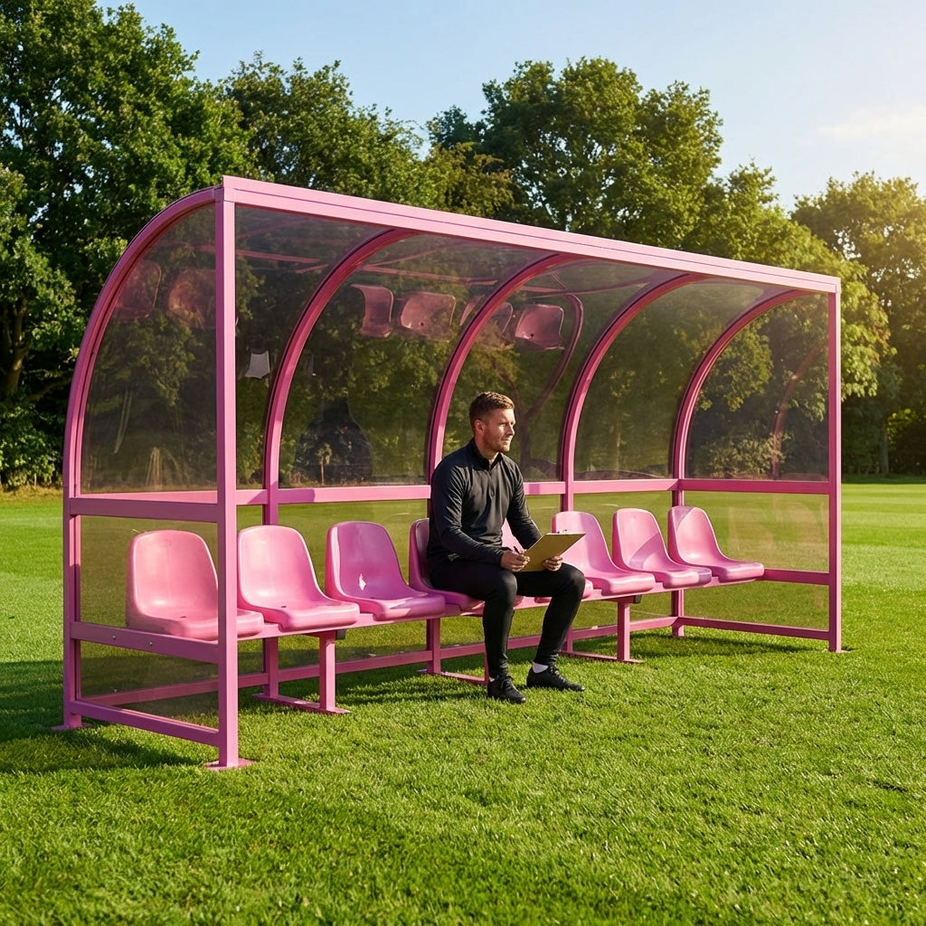 Fixed team shelter with aluminium frame and polycarbonate panels for sports