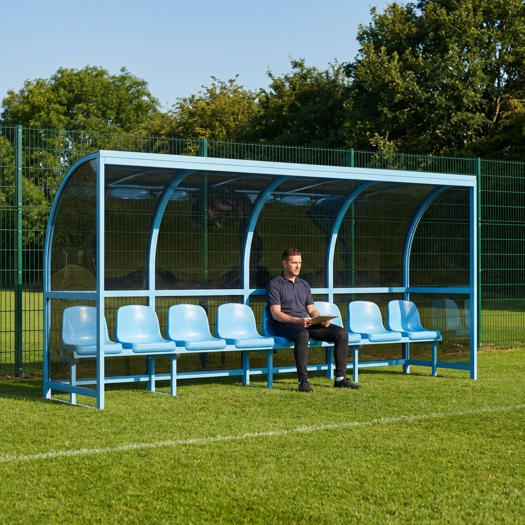 Fixed team shelter with aluminium frame and polycarbonate panels for sports