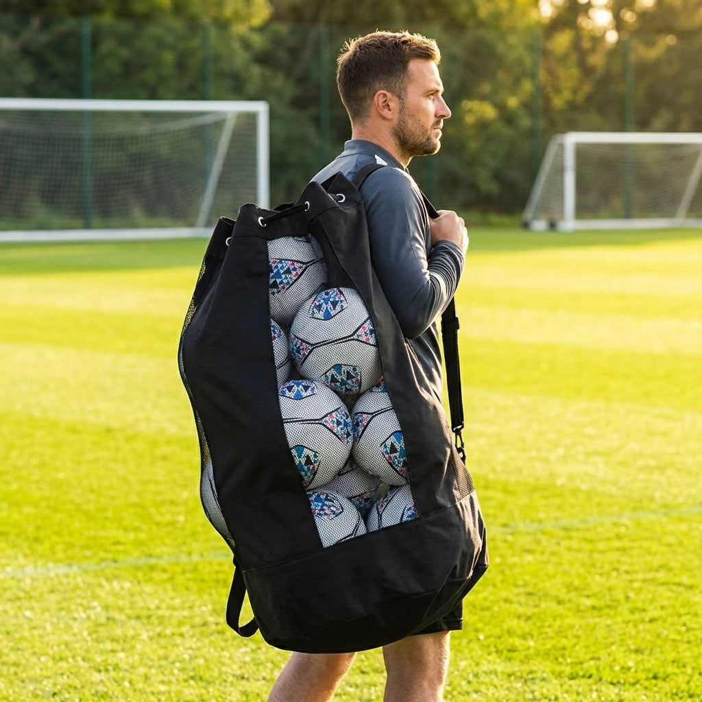 Football carry bag with 12 footballs, durable mesh