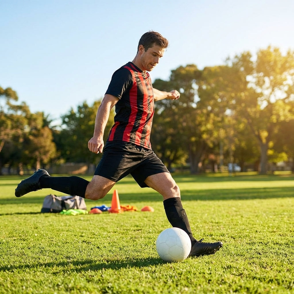 Men's striped football kit with shirt, shorts, and socks