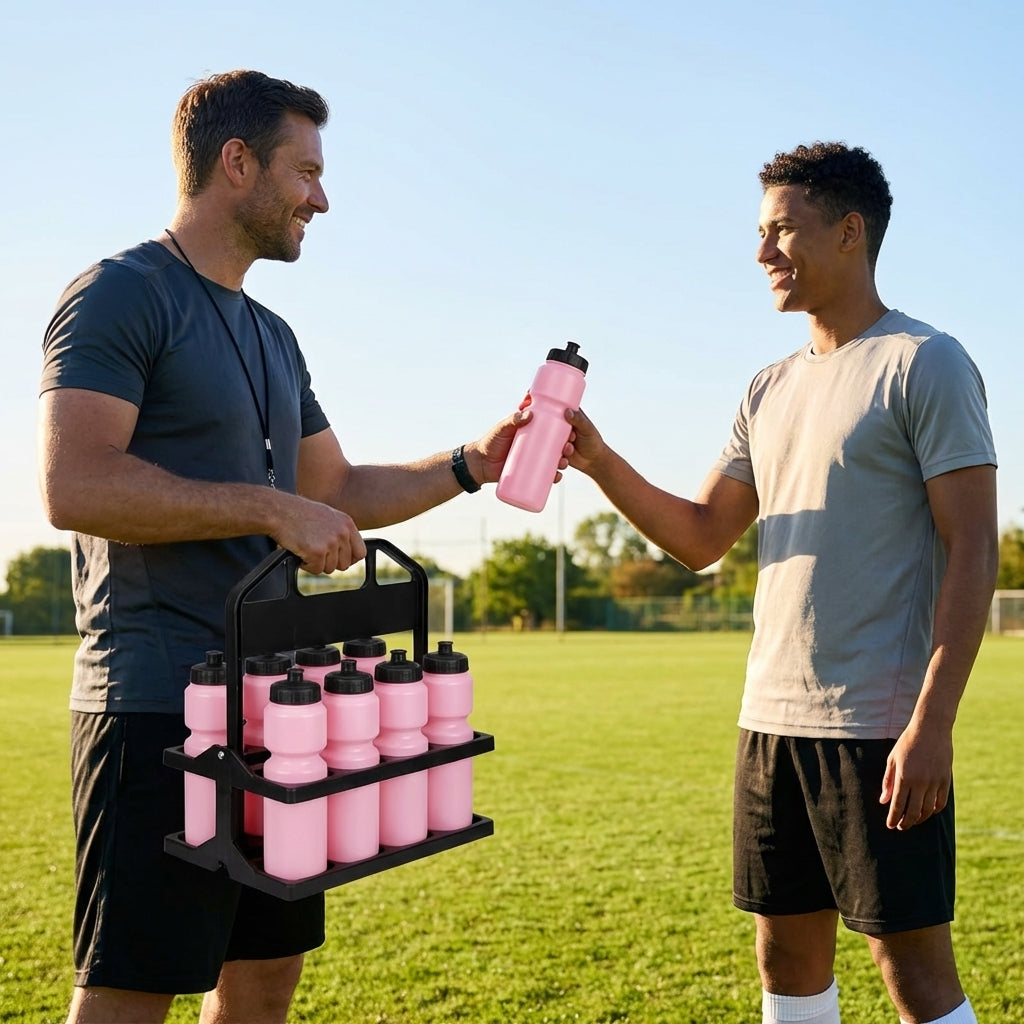 Set of 10 BPA-free 750ml sports water bottles with foldable carrier