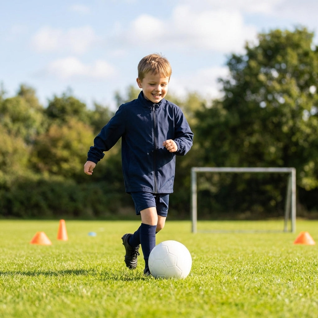 Kids' windbreaker jacket in black and navy for outdoor and sports use