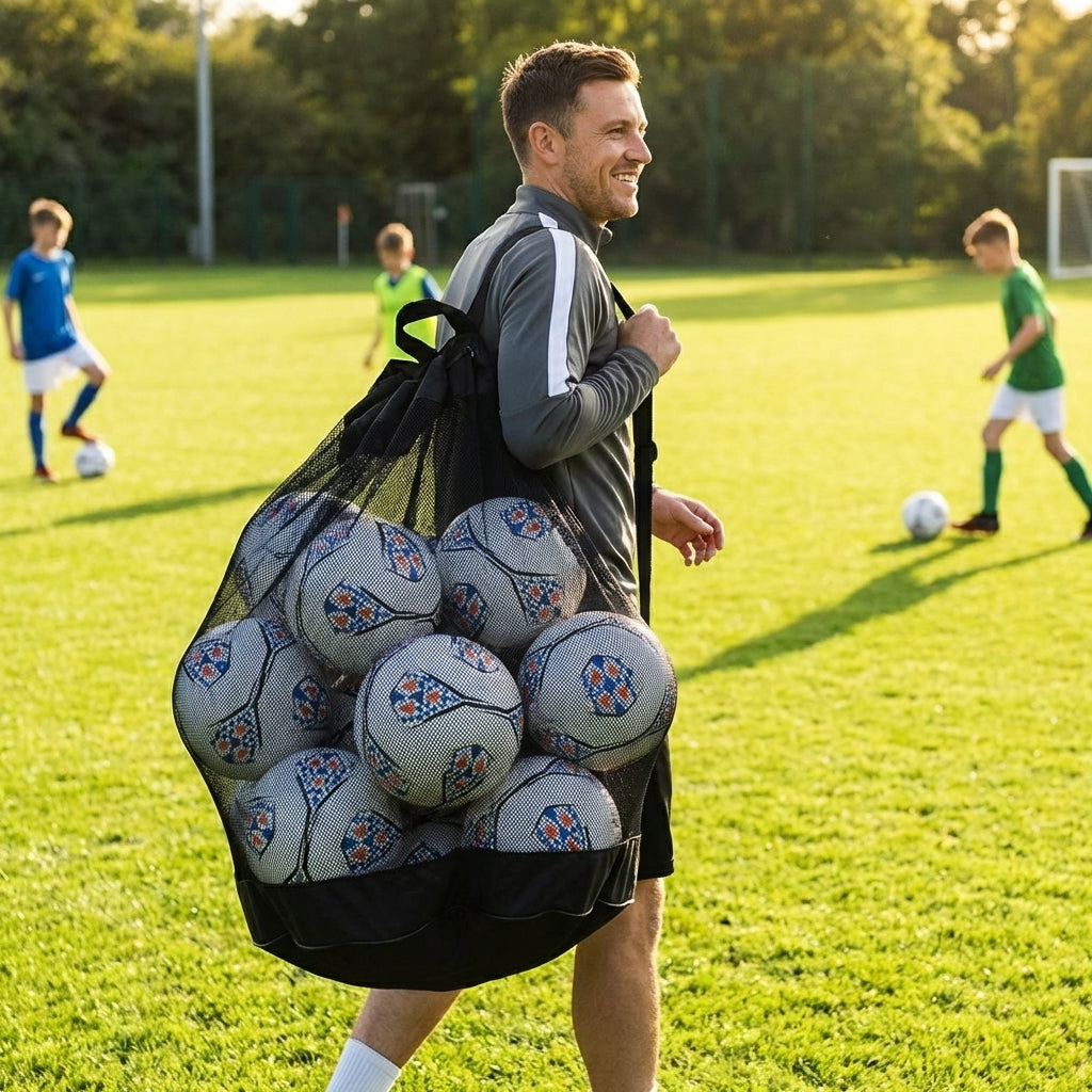 Football carry bag with 12 footballs, durable mesh