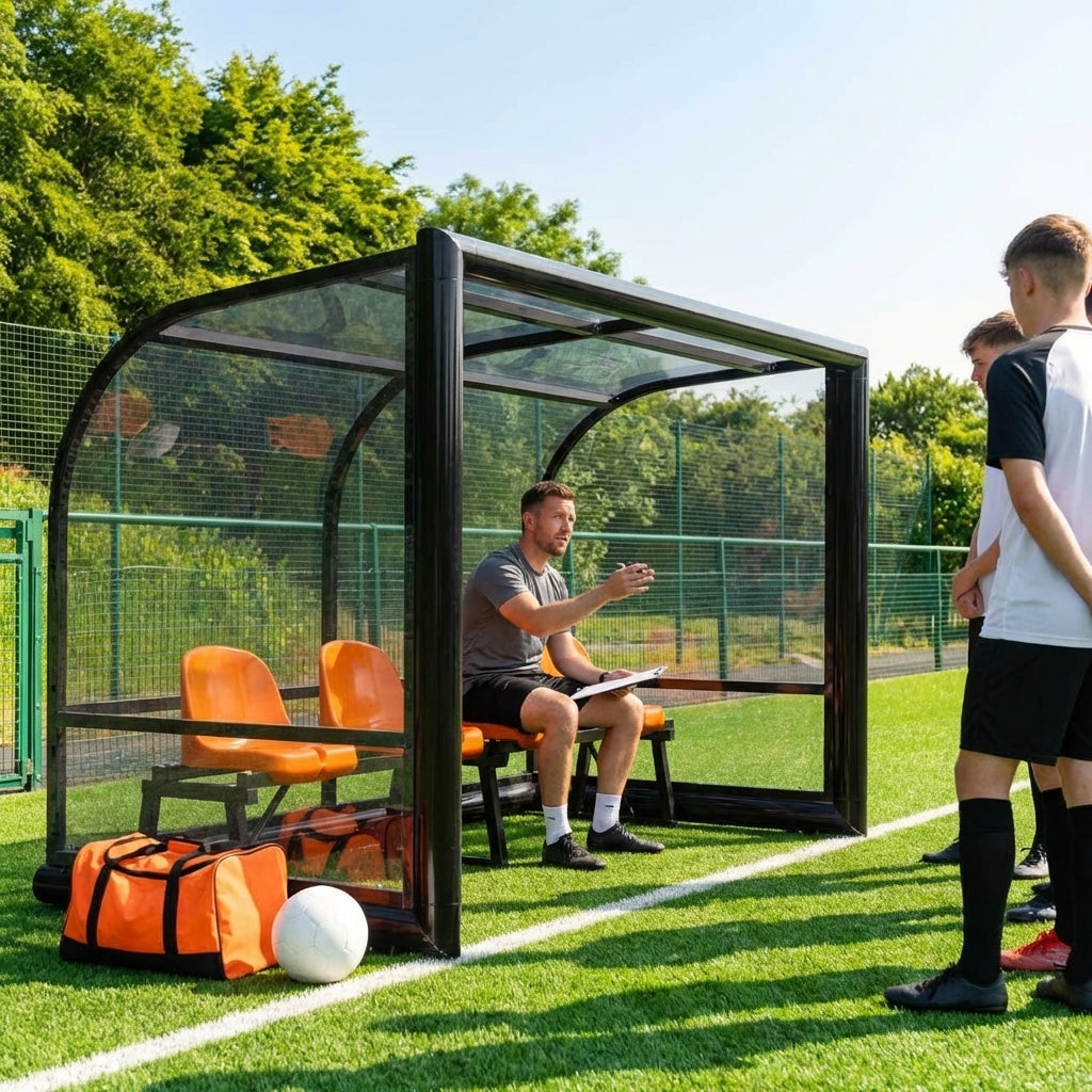 Fixed team shelter with aluminium frame and polycarbonate panels for sports