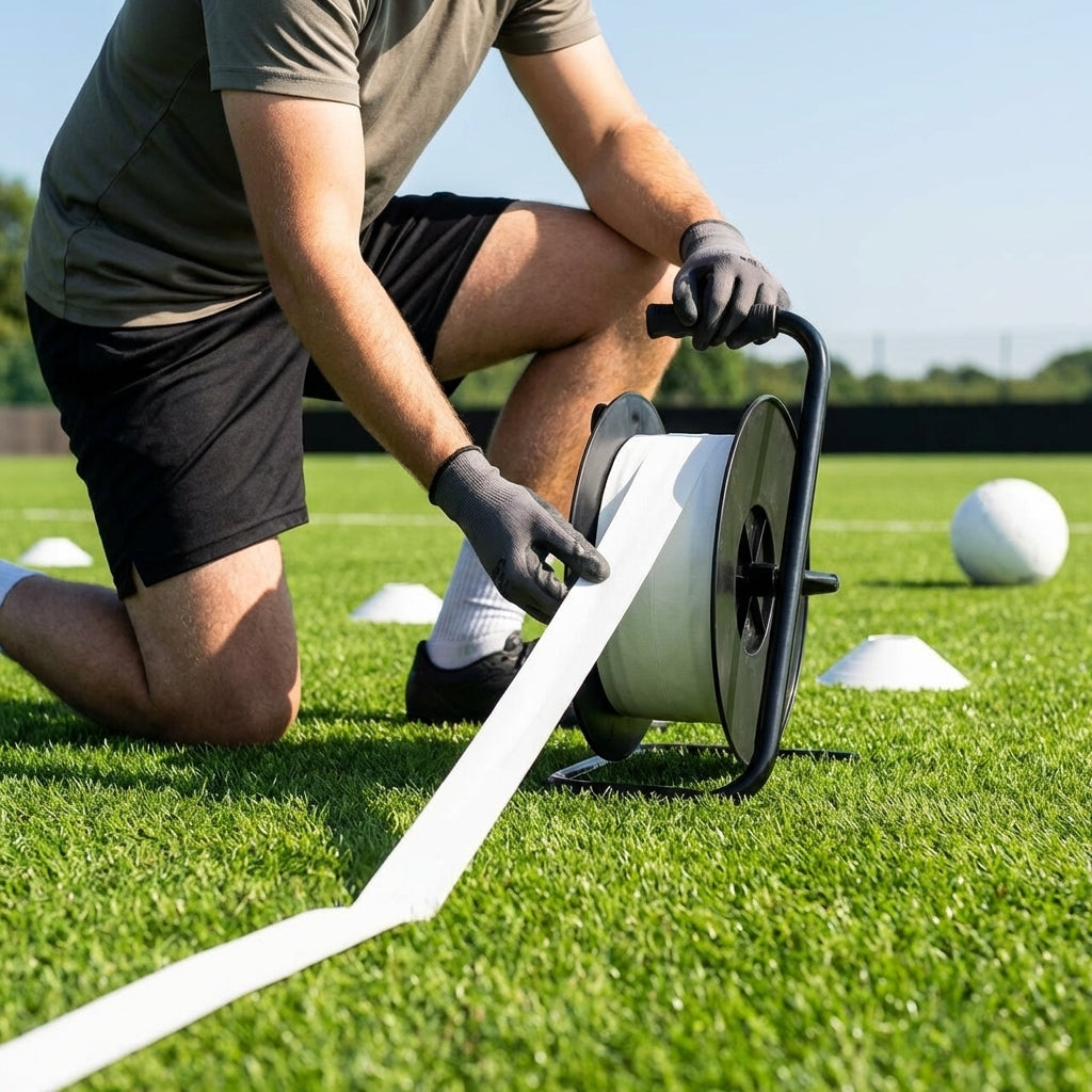 Elastic line marking tape in white, yellow, and blue for sports pitches
