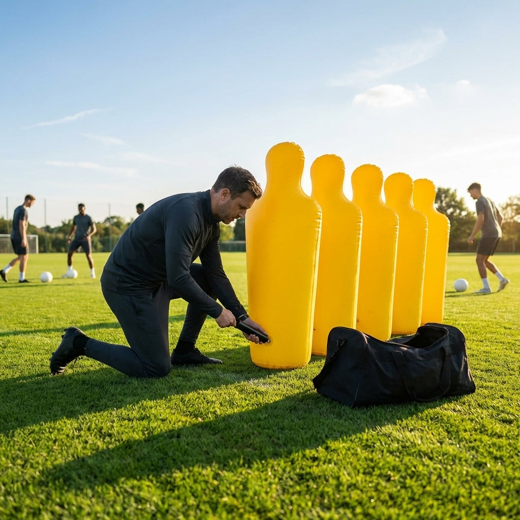 Inflatable football mannequins available in multiple sizes for training use
