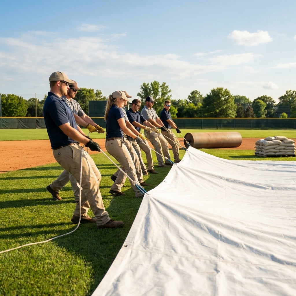 Green heavy-duty baseball field tarp with reinforced edges and handles