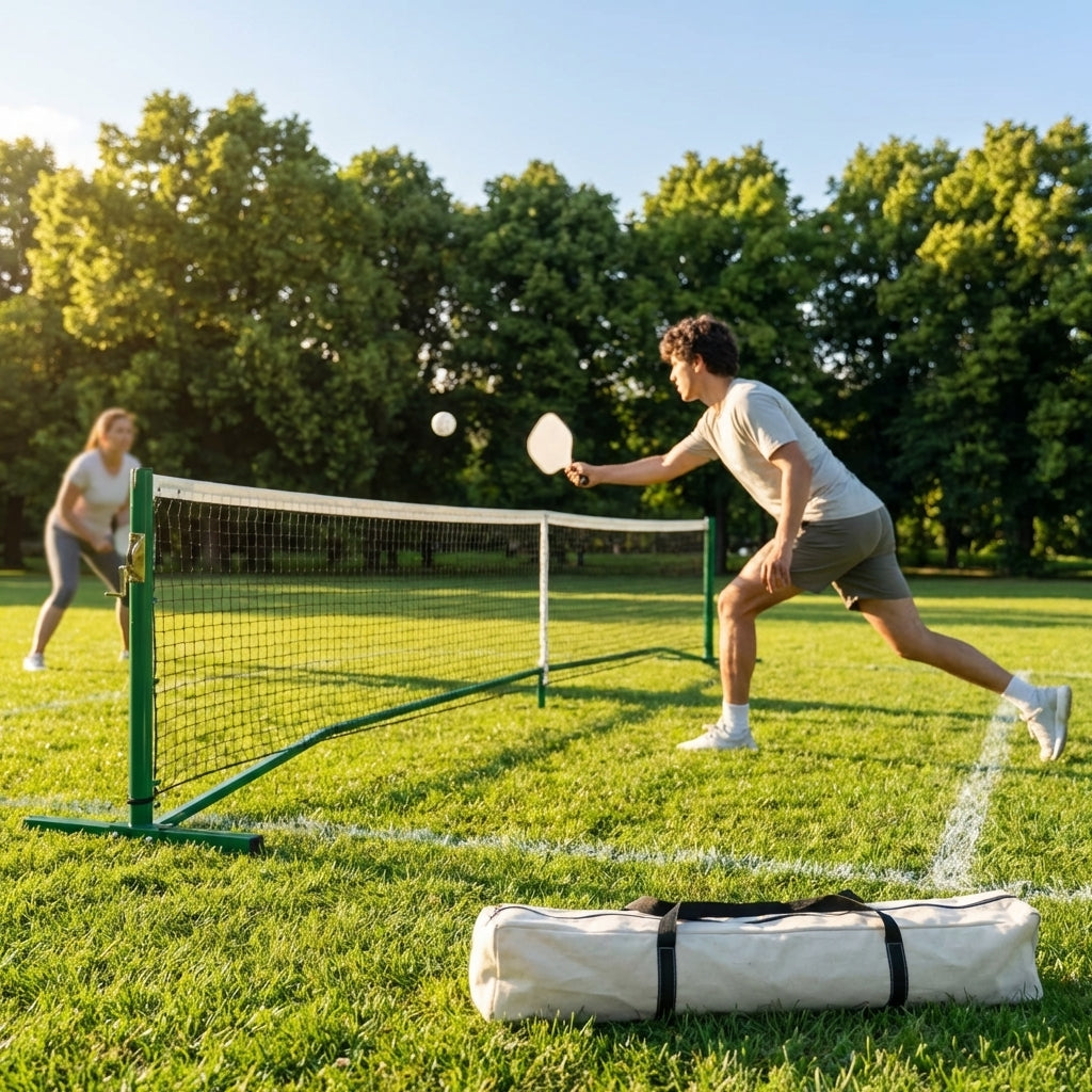 Pickleball posts with base plates in blue, black, and green for club use