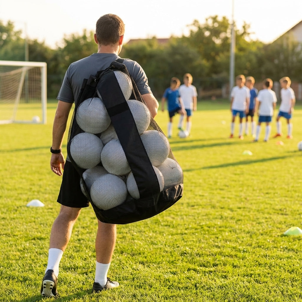 Football carry bag with 12 footballs, durable mesh