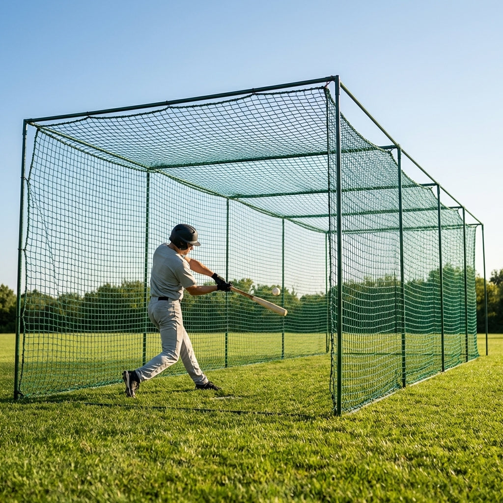 Black baseball batting cage nets made from HDPP twine for indoor and outdoor use