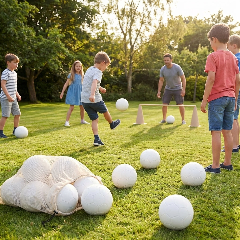 Lightweight garden football with traditional white design and colourful patterns