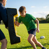 Rugby Tackle Shield in bright fluro yellow with padded straps, ideal for training