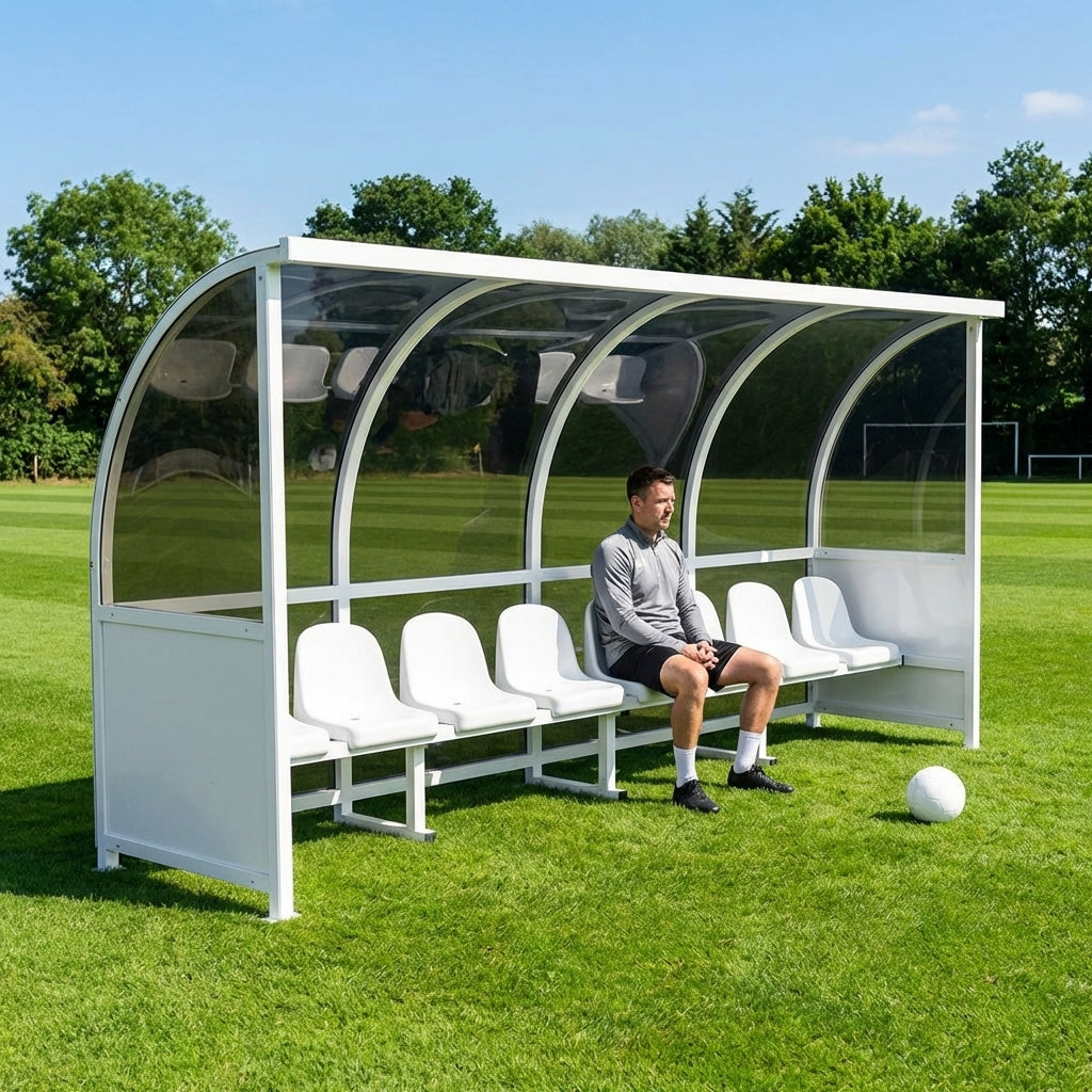 Fixed team shelter with aluminium frame and polycarbonate panels for sports