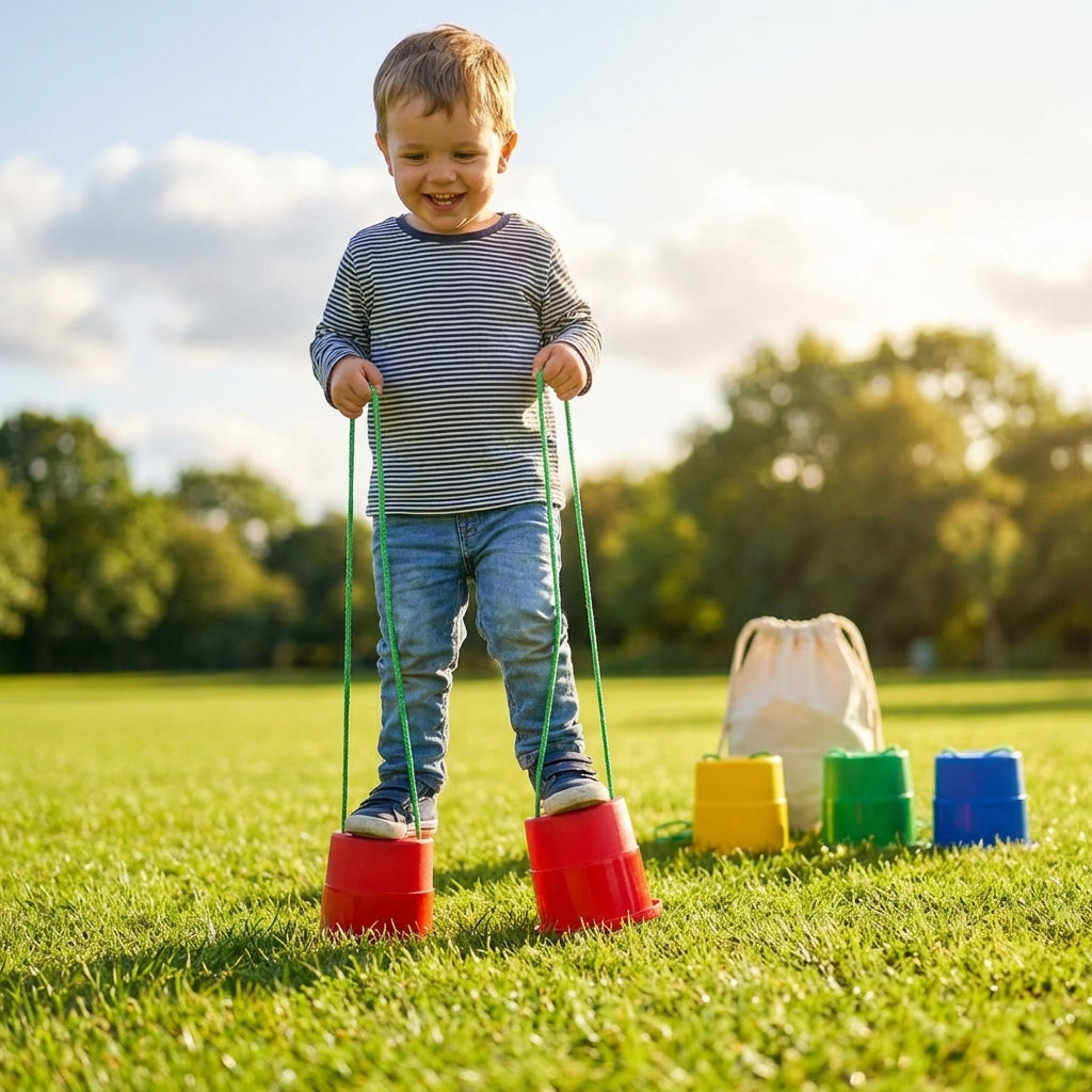 Kids bucket stilts in vibrant colours for indoor and outdoor play