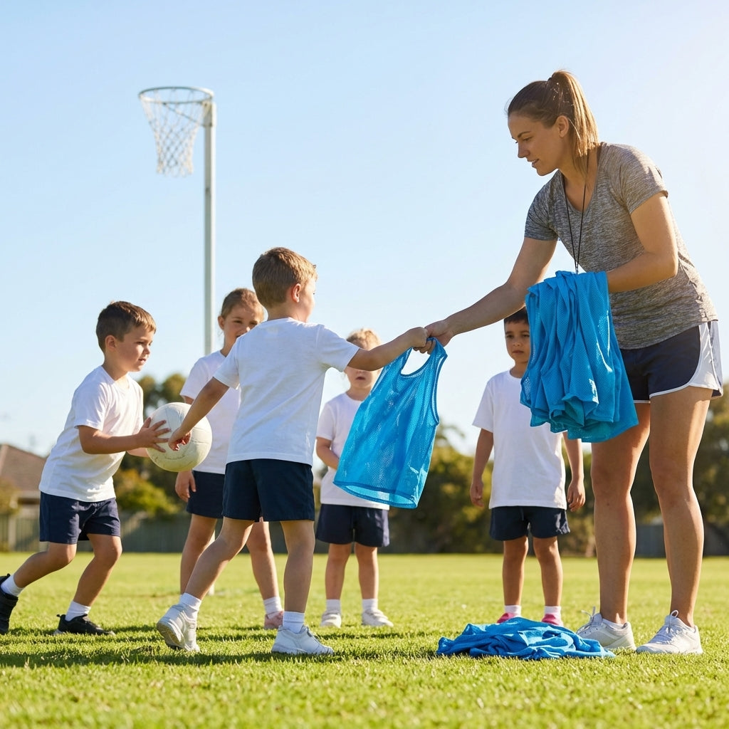 Netball Bibs in red and blue, available for kids, juniors, and seniors