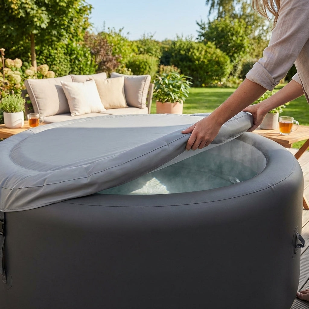 Inflatable hot tub cover in grey, made from durable PVC