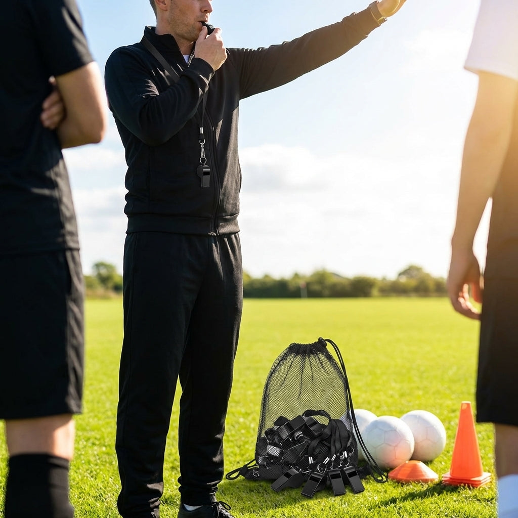 Black sports whistle with lanyard for school and club use