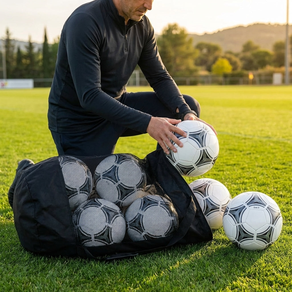 Football carry bag with 12 footballs, durable mesh