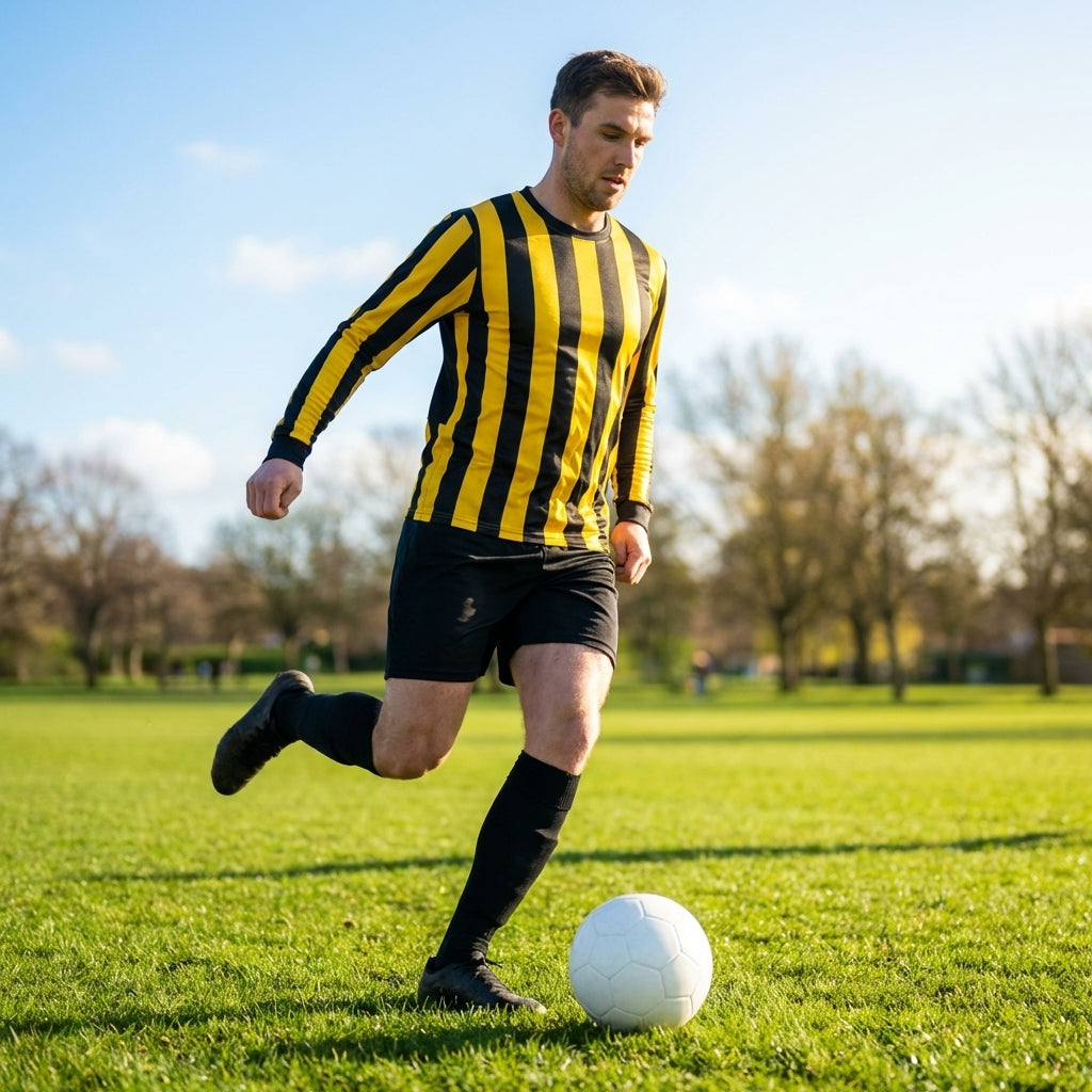 Men's Striped Football Kit with long-sleeve top, shorts, and socks