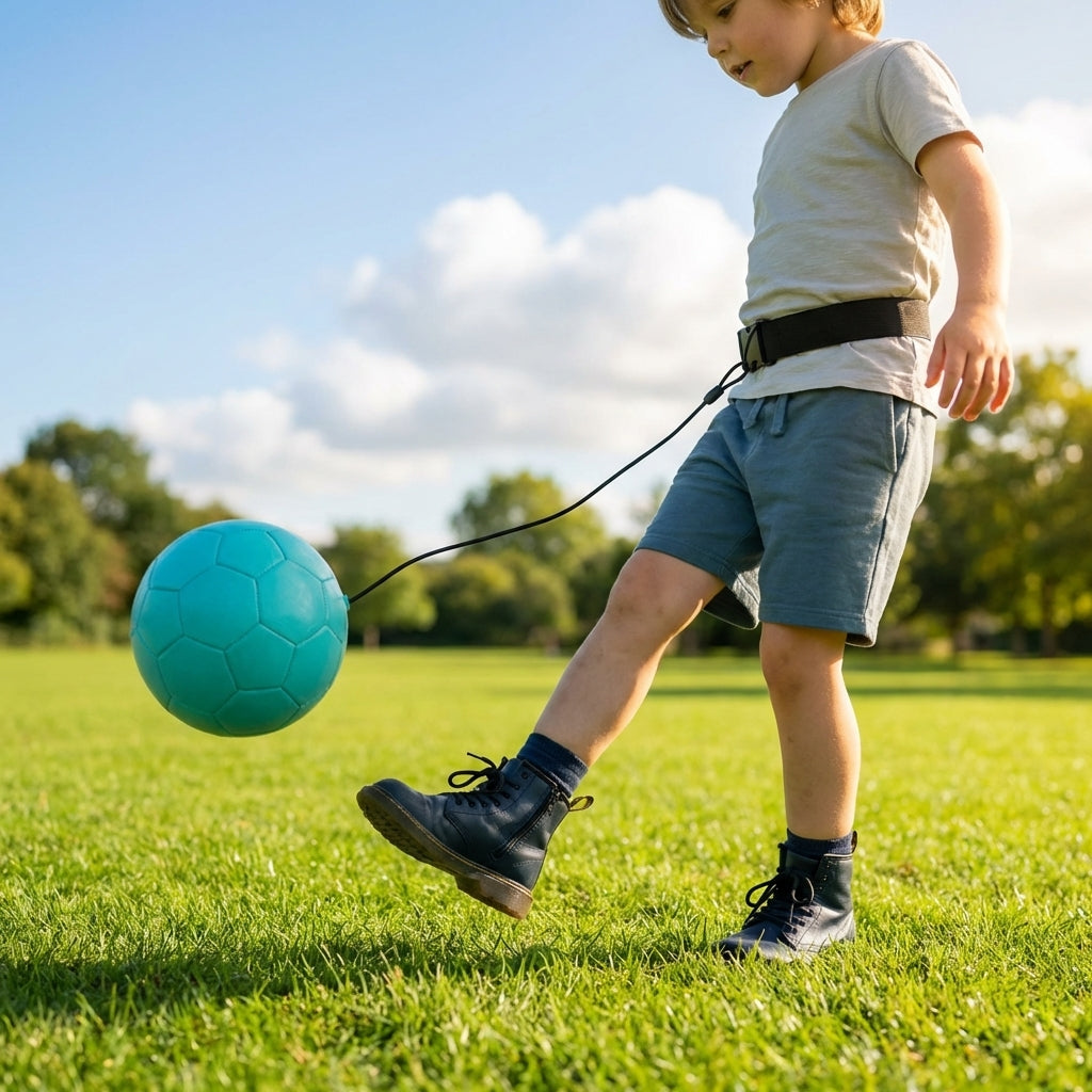 Football kick trainer with adjustable neoprene belt and training ball