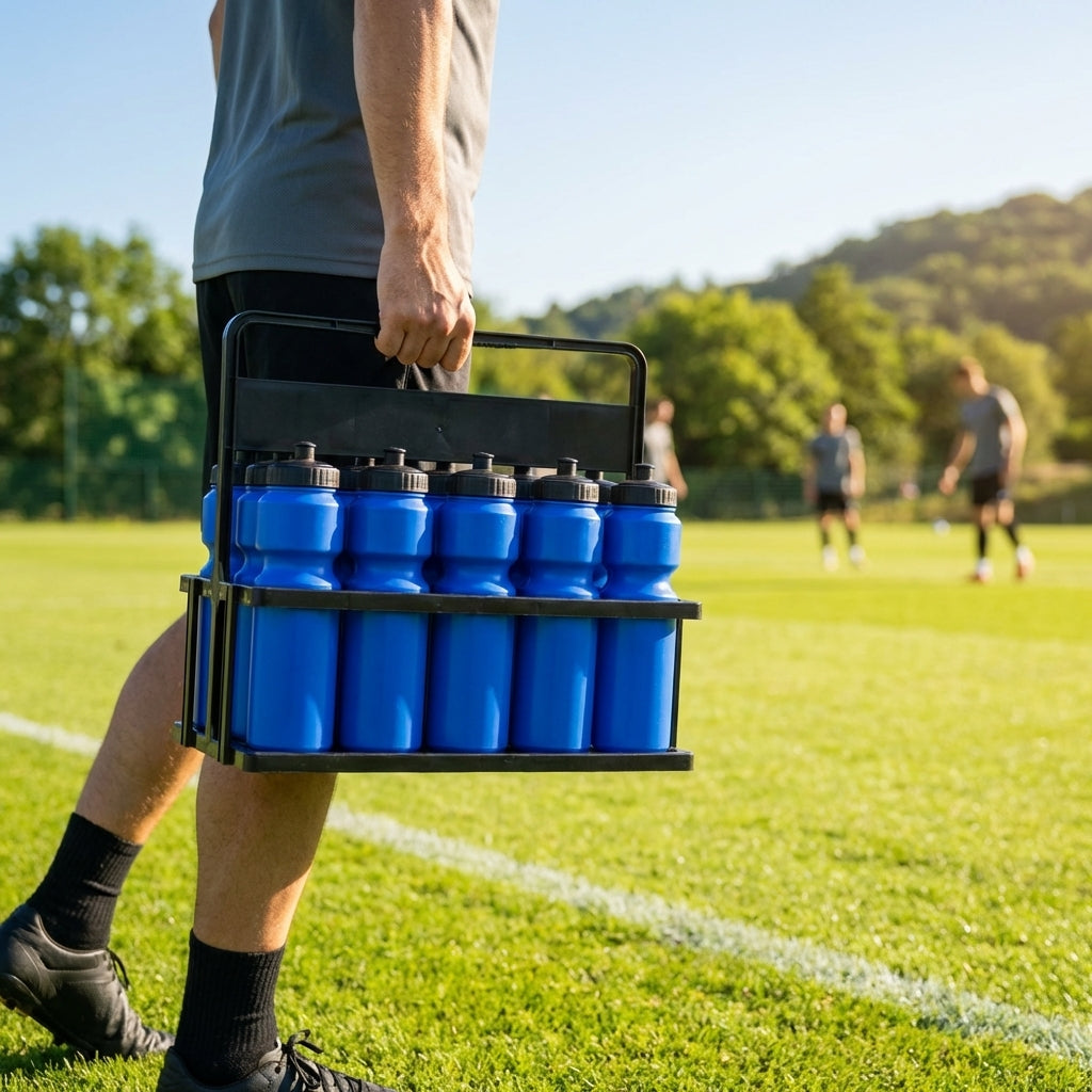 Set of 10 BPA-free 750ml sports water bottles with foldable carrier