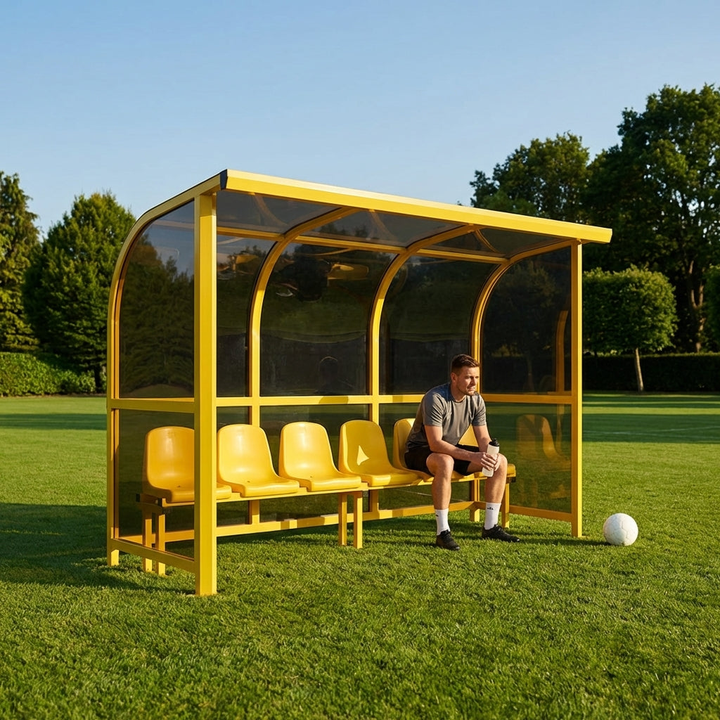 Fixed team shelter with aluminium frame and polycarbonate panels for sports